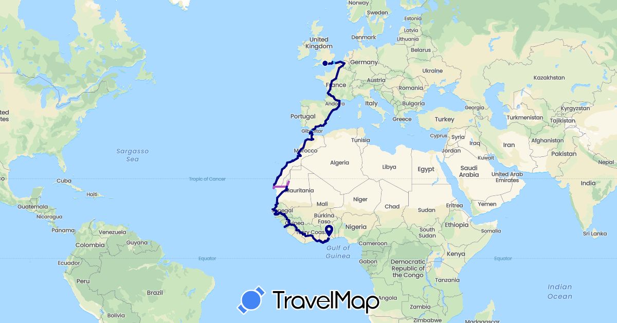 TravelMap itinerary: driving, train, boat in Belgium, Spain, France, United Kingdom, Gambia, Guinea, Morocco, Mauritania, Senegal (Africa, Europe)